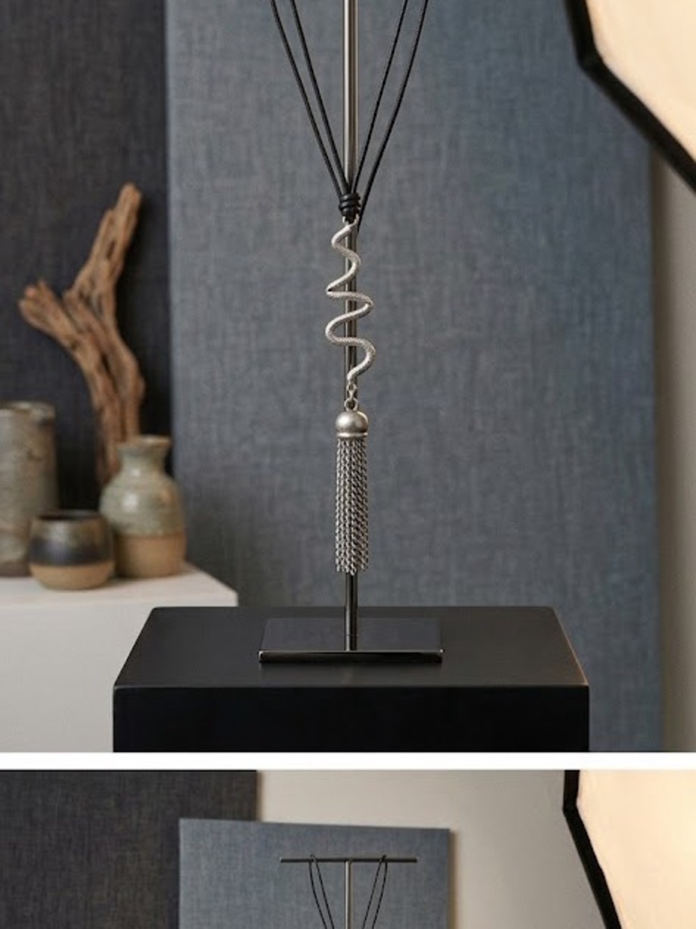 🌸Edgy Long Coiled Silver Snake Pendant Tassel Necklace with Leather Black Cord🌸